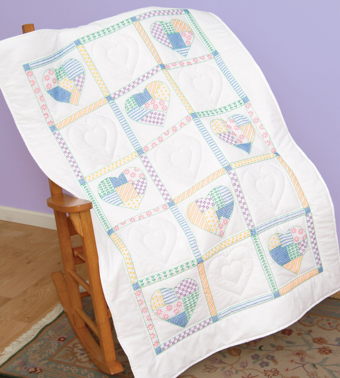 Jack Dempsey Stamped White Lap Quilt Top 40"X60"-Patchwork Hearts